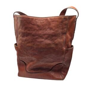Frye Leather Side Pocket Hobo Tote Cognac Brown Shoulder Bag